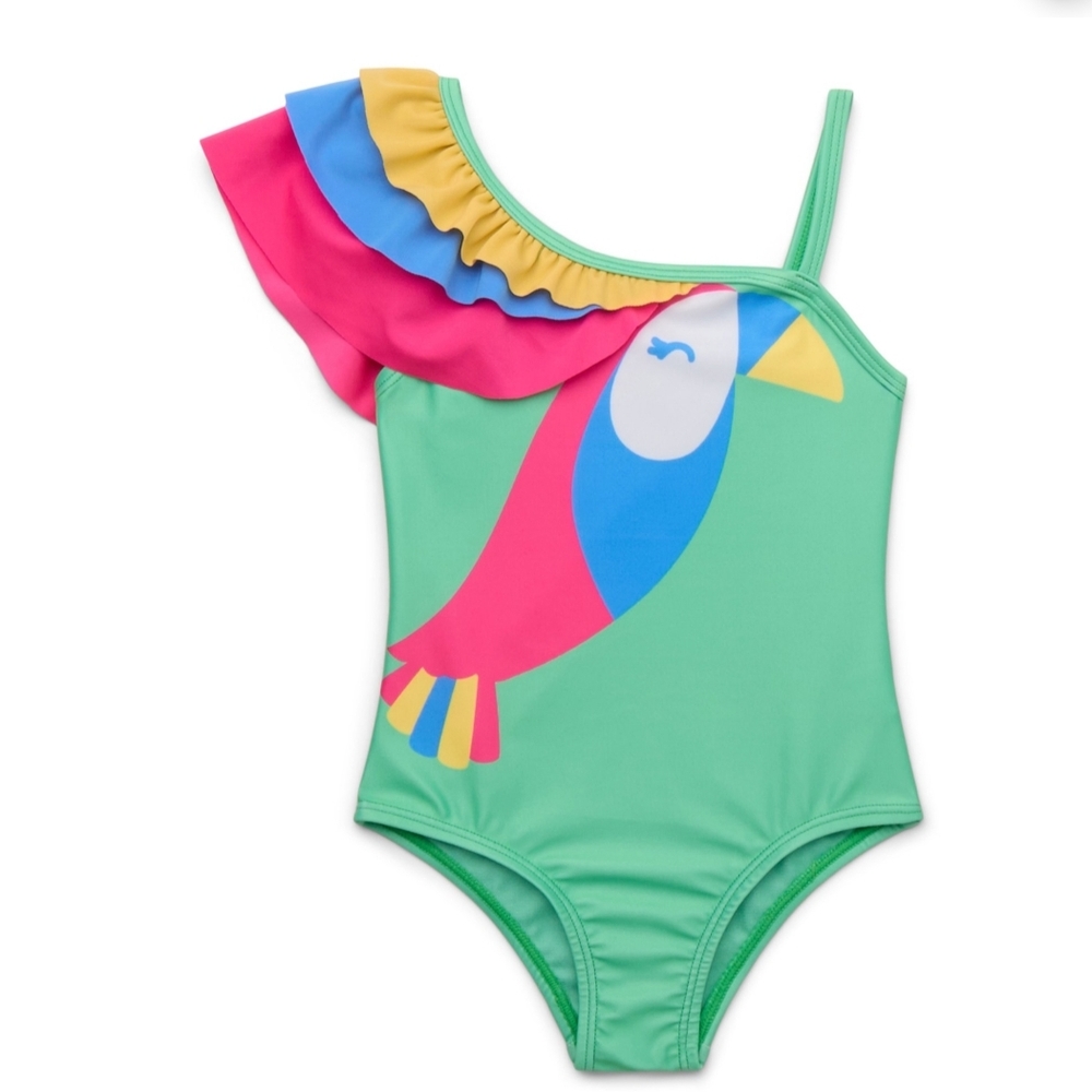 New Girls' Green One-Shoulder Parrot Swimsuit 12 Months